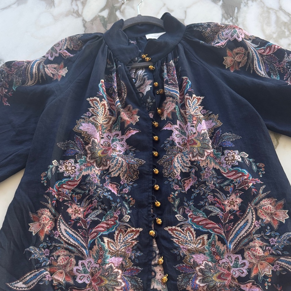 Floral Embroidered Navy Blouse